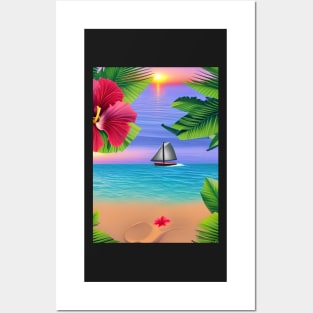 Tropical Sunset Beach Scene 2 Posters and Art